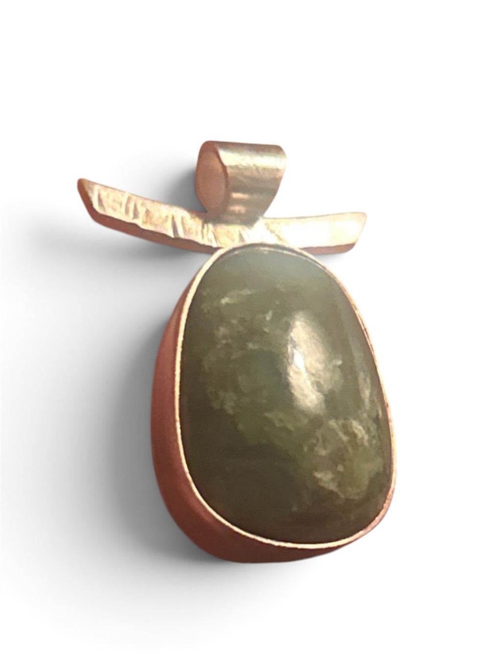 Vintage MCM Brutalist Artisan Green Jade Stone Copper Pendant (No Chain)